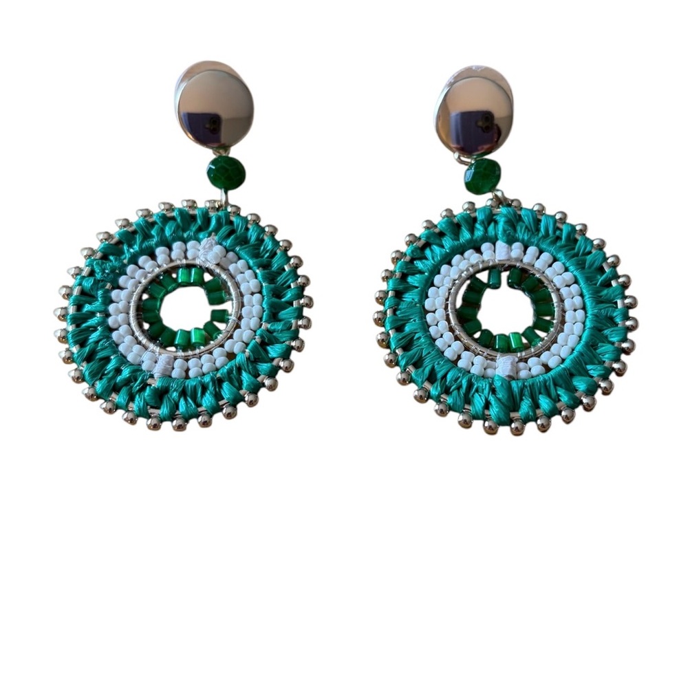 J. Crew‎ Green and Silver Beaded Bohemian Statement Festival Earrings New!